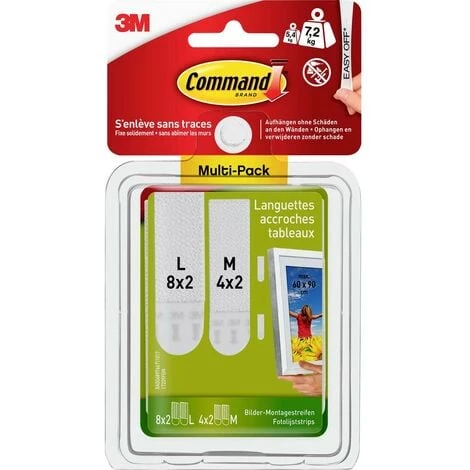 3M Montage Dimages Command TM Strips M Et L, Pack Avantageux Blanc Contenu: 12 Paire(s) 3 3M Montage Dimages Command TM Strips M Et L, Pack Avantageux Blanc Contenu: 12 Paire(s)