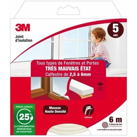 3M Joint Porte/Fenêtre Universel Très Mauvais Etat 2,5 À 6 Mm X 6 M Blanc 3 3M Joint Porte/Fenêtre Universel Très Mauvais Etat 2,5 À 6 Mm X 6 M Blanc