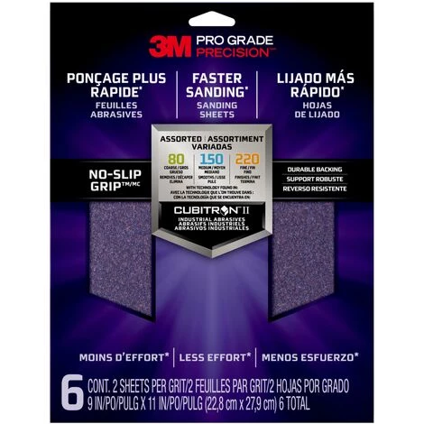 Feuilles Abrasives 3M Pro-Grade Precision Grains Assortis 80-150-220 6pcs/paquet 3 Feuilles Abrasives 3M Pro-Grade Precision Grains Assortis 80-150-220 6pcs/paquet